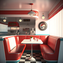 1950's dinner, white ceiling, red detailed, view on the counter and booths, AI generated
