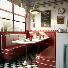 1950's dinner, white ceiling, red detailed, view on the counter and booths, AI generated
