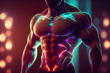 Sportive man bodybuilder is posing in the colorful neon light with naked muscular torso showing chest, abdominal muscles in neon studio light.