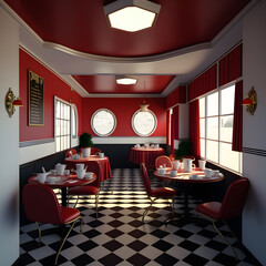 1950's dinner, white ceiling, red detailed, view on the counter and booths, AI generated
