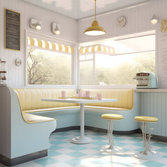 1950's dinner, white ceiling, yellow detailed, view on the counter and booths, AI generated
