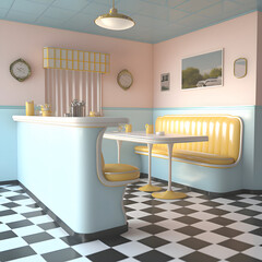 1950's dinner, white ceiling, yellow detailed, view on the counter and booths, AI generated
