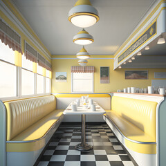 1950's dinner, white ceiling, yellow detailed, view on the counter and booths, AI generated
