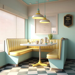 1950's dinner, white ceiling, yellow detailed, view on the counter and booths, AI generated
