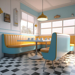 1950's dinner, white ceiling, yellow detailed, view on the counter and booths, AI generated
