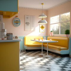 1950's dinner, white ceiling, yellow detailed, view on the counter and booths, AI generated
