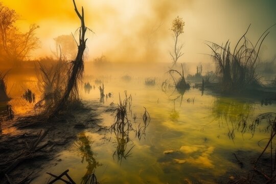 Swamp Nightmare: Poisonous Gas and Natural Disaster in Surreal Landscape, Generative AI