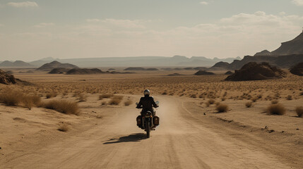 Obraz na płótnie Canvas A motorcyclist crossing a desert landscape Generative AI