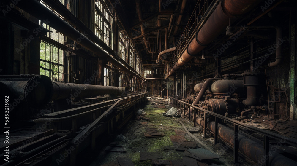 Sticker A desolate abandoned factory with twisted rusted Generative AI