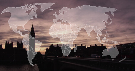 Naklejka premium Image of world map over london cityscape and sunset