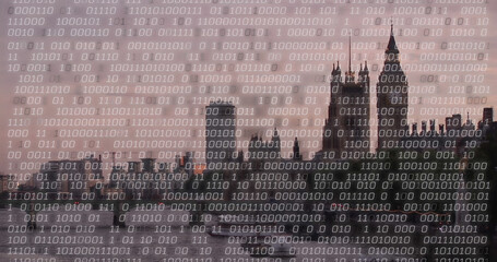 Image of binary coding over london cityscape
