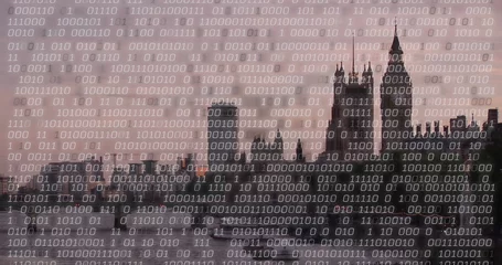 Fotobehang Centraal Europa Image of binary coding over london cityscape