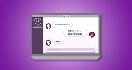 Image of digital screen with ai chat on purple background