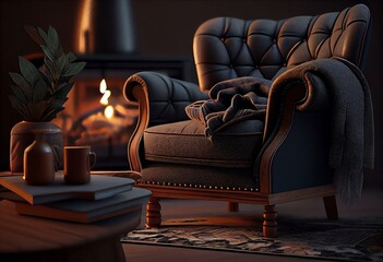 Comfy Chair by the Fireplace, Made by AI, Artificial Intelligence. Generative AI