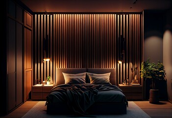 Modern interior design of spacious luxury bedroom with wood slat wall and accent lighting at night, 3d rendering, 3d illustration. Generative AI