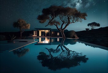 infinity pool home view at night, ai generated. Generative AI