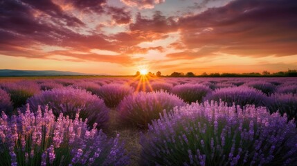 Fototapeta premium lavender field at sunrise, Generative AI