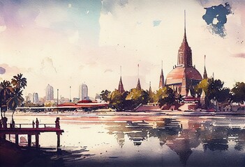 Bangkok landscape of Thailand watercolor style illustration impressionist painting. Generative AI