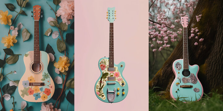 Beautiful guitar with painted flowers on a colorful background. Isolated composition. Retro style photo