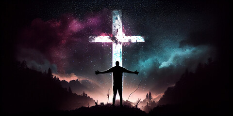 The silhouette of a man with outstretched arms, standing in a wild forest area, against the backdrop of a huge luminous cross in the multi-colored night sky. Generative AI