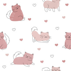 Seamless pattern with cute and funny cats. Cats with color in different poses pattern. Vector illustration of a cat and kittens