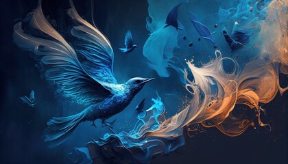 Naklejka premium Birds fly on smoky background by Generative AI