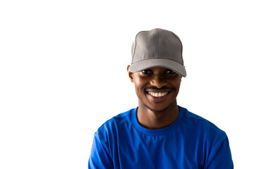 African american man wearing blue t-shirt and grey cap with copy space on white background