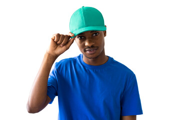 African american man wearing blue t-shirt and green cap with copy space on white background
