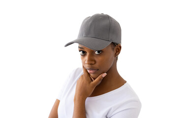 African american woman wearing white t-shirt and grey cap with copy space on white background
