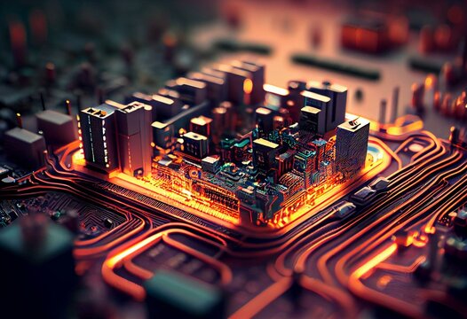 city on a graphics card. city built on a circuit board. artificial intelligence concept. chatGPT concept art. Generative AI