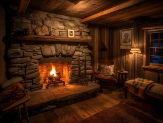 A cozy, lit fireplace in a cabin