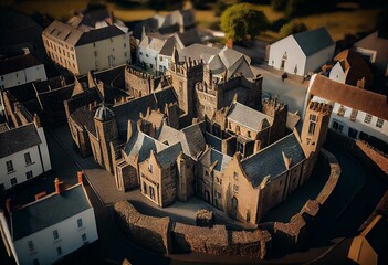 Aerial view of historical town Caernarfon, Wales, United Kingdom. Generative AI