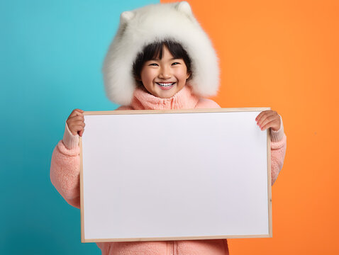 Cute Little eskimo girl holding empty sheet of a paper, Generative ai