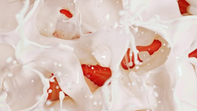 Super Slow Motion Shot of Fresh Strawberries Falling into Swirling Cream at 1000fps.
