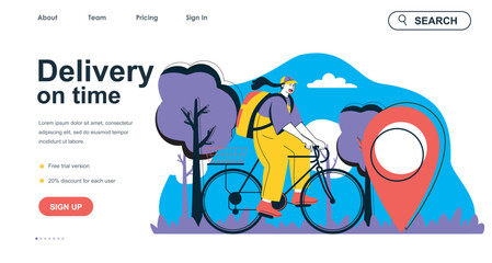 Delivery on time concept for landing page template. Woman courier carries parcel on bicycle to client. Express shipment people scene. Vector illustration with flat character design for web banner