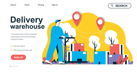 Delivery warehouse concept for landing page template. Man work as loader and carries parcels on trolley. Global logistics people scene. Vector illustration with flat character design for web banner