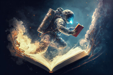 Astronaut or space traveler reading a spell book in order to summon magical creature or cast a spell. Fantasy, future, magic art concept. Fictional person and place. Made with Generative AI