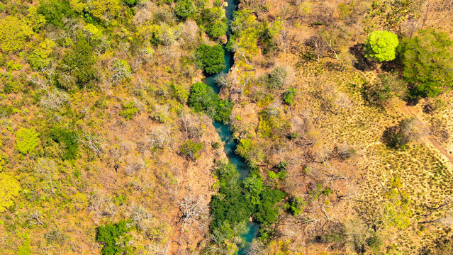 Vista aerea rio color turqueza en medio del bosque seco en Costa Rica