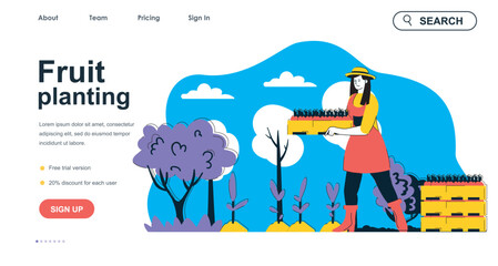 Fruit planting concept for landing page template. Woman farmer holding box of seedlings and planting fruit trees. Gardening people scene. Vector illustration with flat character design for web banner