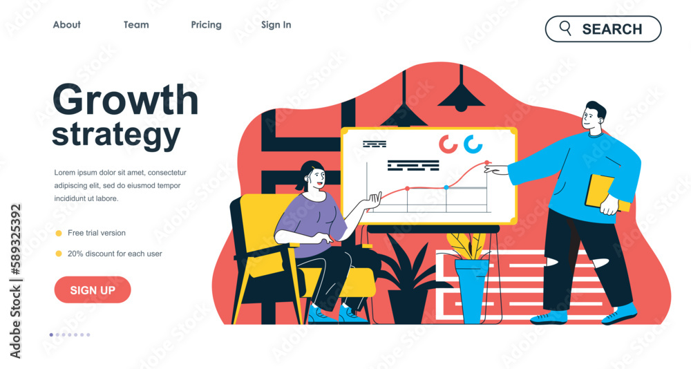 Aufkleber growth strategy concept for landing page template. man and woman analyze company development data. s