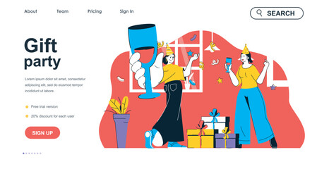 Fototapeta premium Gift party concept for landing page template. Women celebrating holiday, giving gifts and drinking champagne. Festive event people scene. Vector illustration with flat character design for web banner