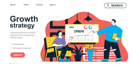 Growth strategy concept for landing page template. Man and woman analyze company development data. Success business planning people scene. Vector illustration with flat character design for web banner