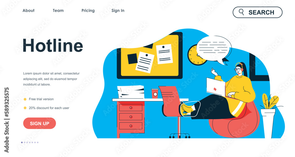 Poster hotline concept for landing page template. woman operator consults, answers calls and messages. cust