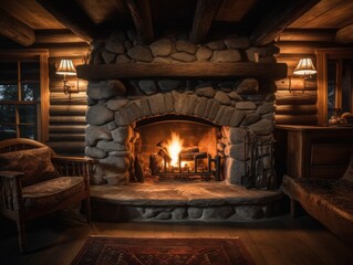 A cozy, lit fireplace in a cabin