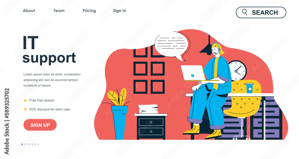 Wall mural it support concept for landing page template. woman operator solves problems of software users. tech