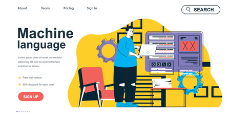 Obraz na płótnie Canvas Machine language concept for landing page template. Programmer gives instruction and works on laptop. Software development people scene. Vector illustration with flat character design for web banner