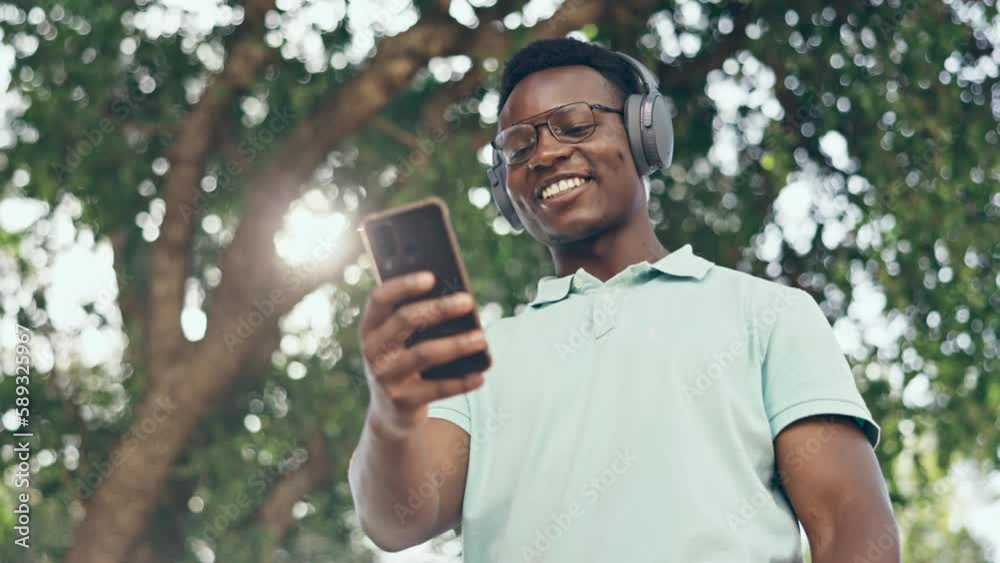 Poster Wave, phone video call or black man in a park walking, talking or speaking in communication with a smile. Happy, hello or African businessman networking in conversation on commute via mobile app