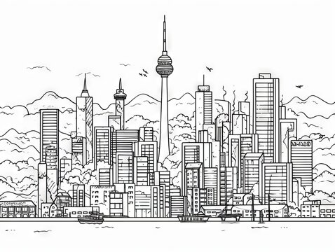 A clean and simple line drawing of a city skyline
