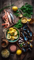 Traditional italian sea food on rustic wooden table, top view, flat lay, overhead AI generative shot