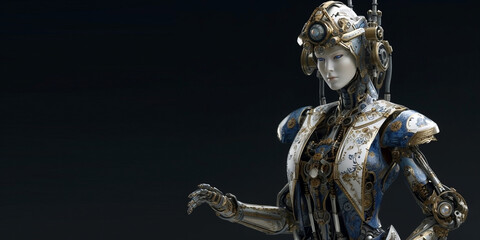 Humanoid robot woman in oriental chinese outfit or style, on isolated dark background. Generative AI